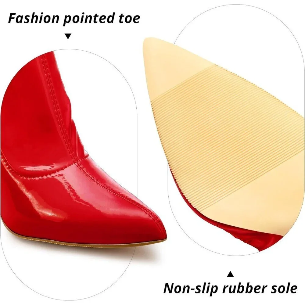 Women Red Chunky Heel Over The Knee Boots Patent Leather PU Stretchy Tall Boot